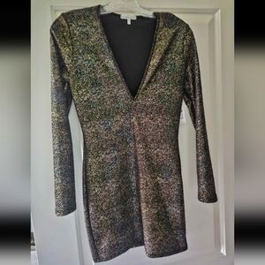 Charlotte Russe Glittering Black and Gold Tints Of Green& Blue Long Sleeve Dress